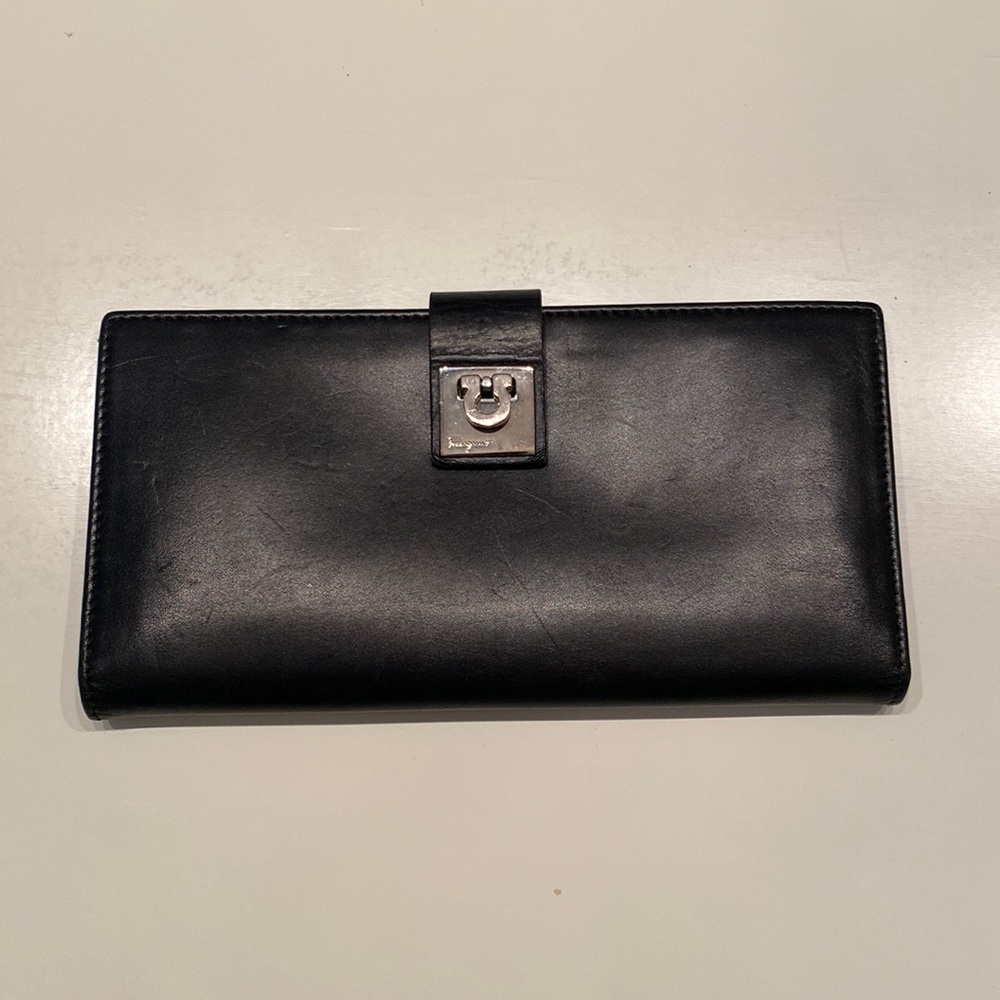 Salvatore Ferragamo Black Leather Gancho Lock Wallet